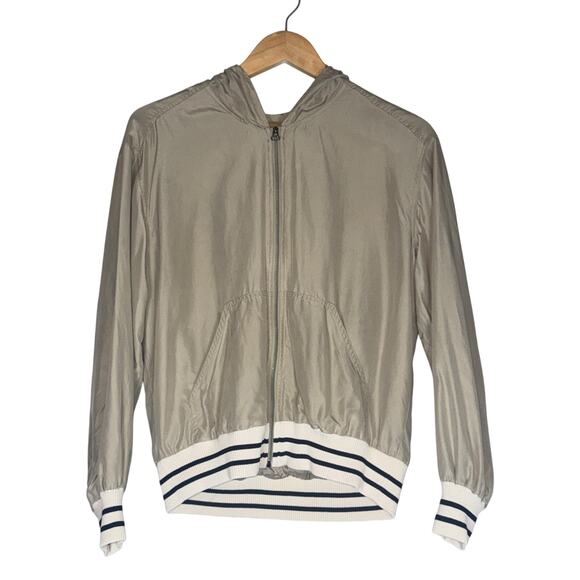 Vintage Jackets & Blazers - Vintage Tan Beige Hooded Silk Bomber Jacket Womens Medium Sporty Prep Preppy